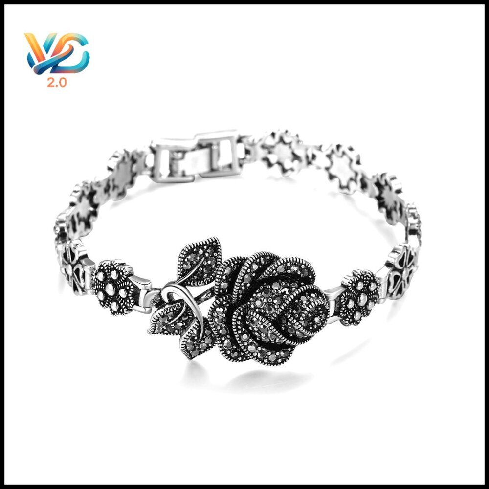 Vintage Charm Bracelet Silver Rose Flower Design Alloy Metal 7.1 Inches